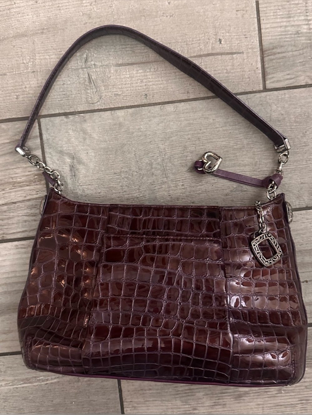 Brighton Oxblood Croc Embossed Patent Leather Shoulder Bag Charm Detail